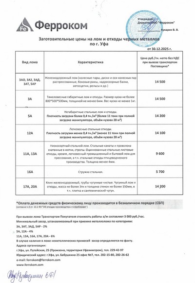Прайс-лист чермет Уфа 30.12.2025 г.
