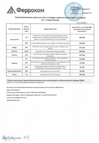 Прайс-лист цветмет Стерлитамак 11.11.2025г.