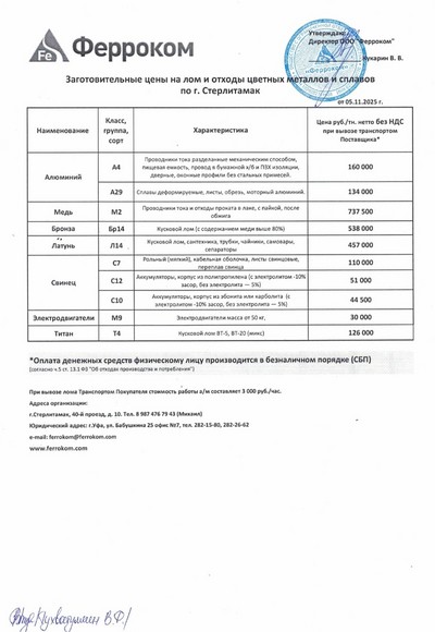 Прайс-лист цветмет Стерлитамак 05.11.2025г.