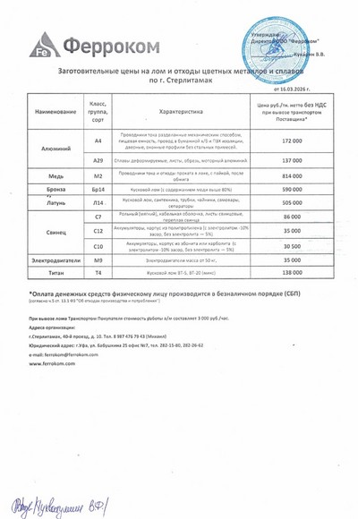 Прайс-лист цветмет Стерлитамак 16.03.2026г.