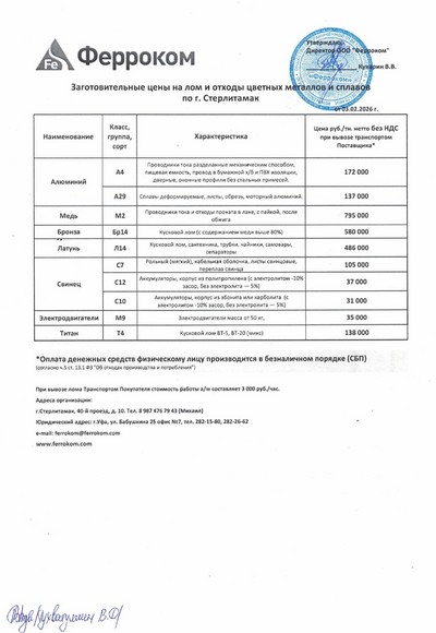 Прайс-лист цветмет Стерлитамак 03.02.2026г.