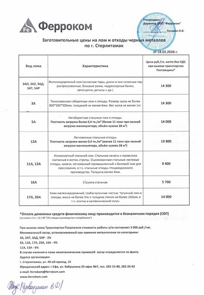Прайс-лист чермет Стерлитамак 18.02.2026 г.