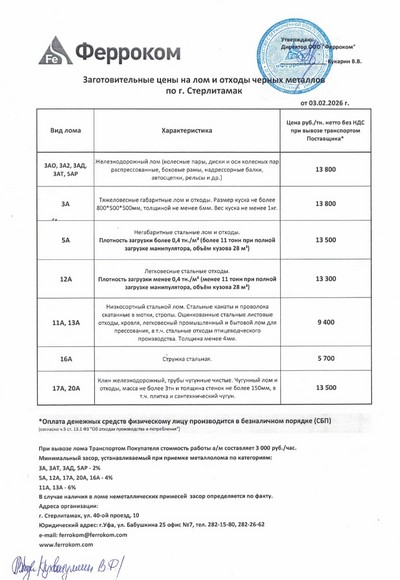 Прайс-лист чермет Стерлитамак 03.02.2026 г.