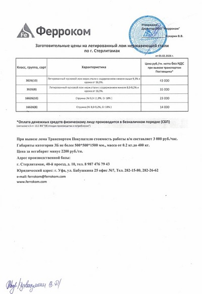 Прайс-лист нержавейка Стерлитамак 03.02.2026 г.