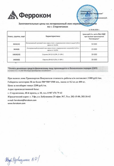 Прайс-лист нержавейка Стерлитамак 29.06.2026 г.