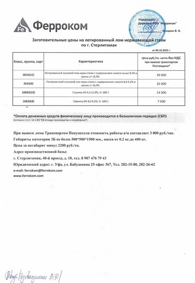 Прайс-лист нержавейка Стерлитамак 06.10.2025 г.