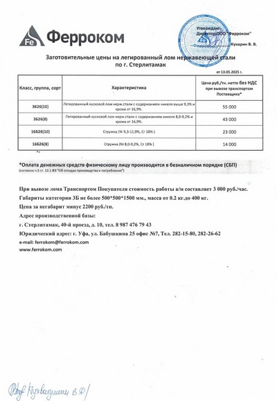 Прайс-лист нержавейка Стерлитамак 13.05.2025 г.