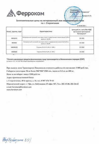 Прайс-лист нержавейка Стерлитамак 18.08.2025 г.