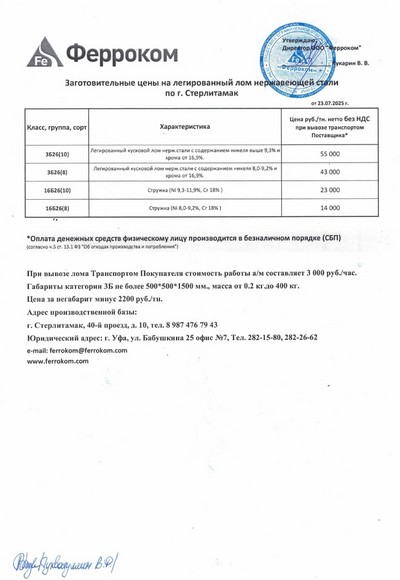Прайс-лист нержавейка Стерлитамак 23.07.2025 г.
