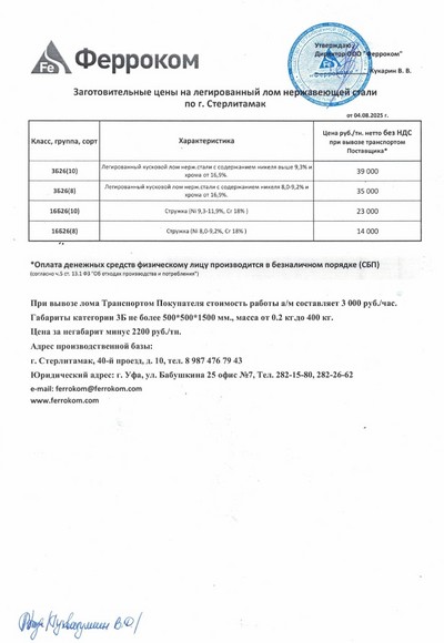 Прайс-лист нержавейка Стерлитамак 04.08.2025 г.