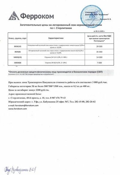 Прайс-лист нержавейка Стерлитамак 05.11.2025 г.