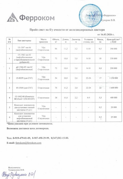 Прайс ж/д емкости 16.03.2026 г.