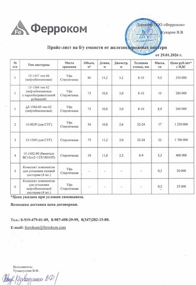 Прайс ж/д емкости 29.01.2026 г.