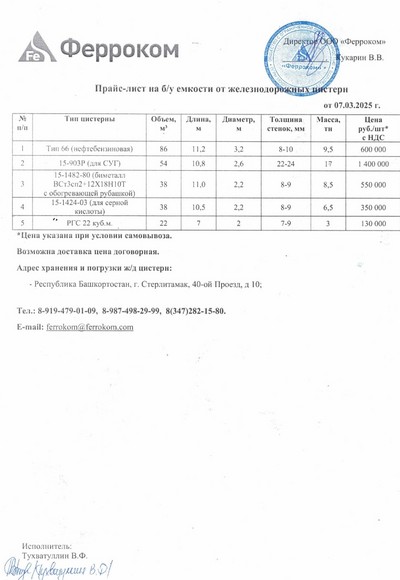 Прайс ж/д емкости 07.03.2025 г.