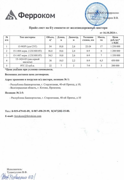 Прайс ж/д емкости 16.10.2024 г.