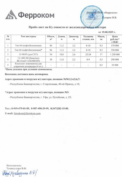 Прайс ж/д емкости 19.08.2025 г.