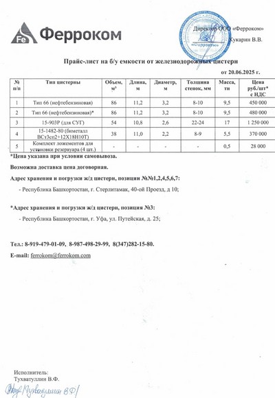 Прайс ж/д емкости 20.06.2025 г.